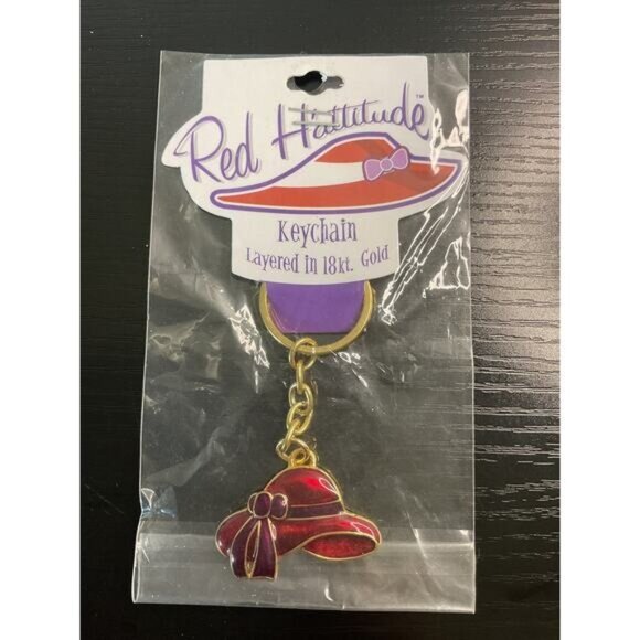 Red Hattitude Keychain Layered In 18kt Gold With Purple & Red Hat Charm - Picture 1 of 2